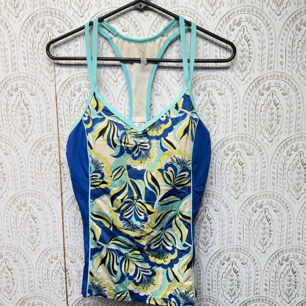 Lands' End Tankini Swim Top Women 10 Blue Floral Racerback Shelf Bra Athletic‎